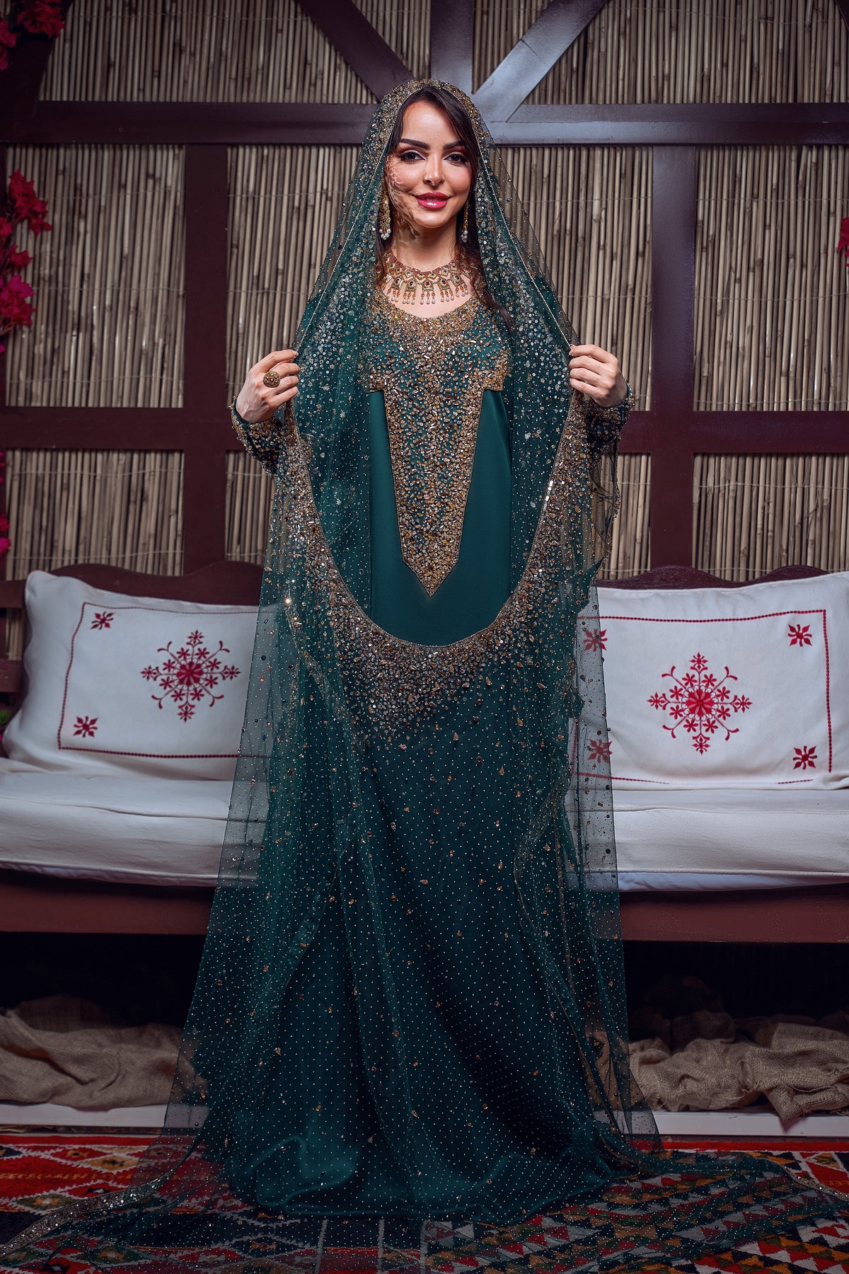 Emerald & Gold Beaded Traditional Jalabiya Gown