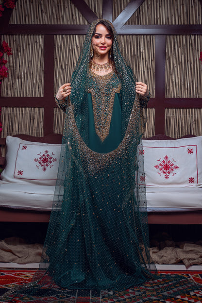Emerald & Gold Beaded Traditional Jalabiya Gown