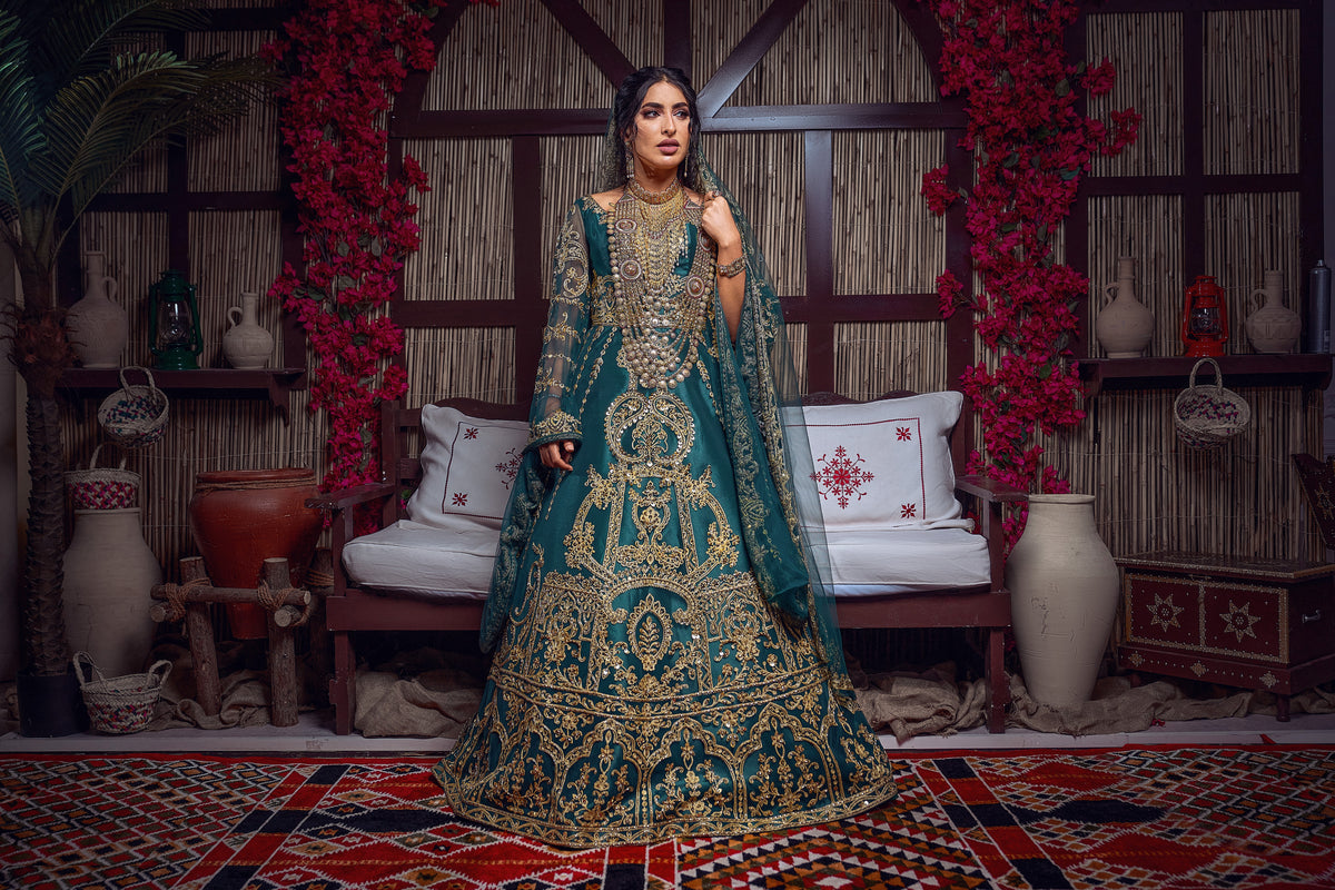 Emerald & Gold Zardozi Embroidered Royal Henna Gown