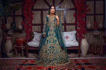 Emerald & Gold Zardozi Embroidered Royal Henna Gown