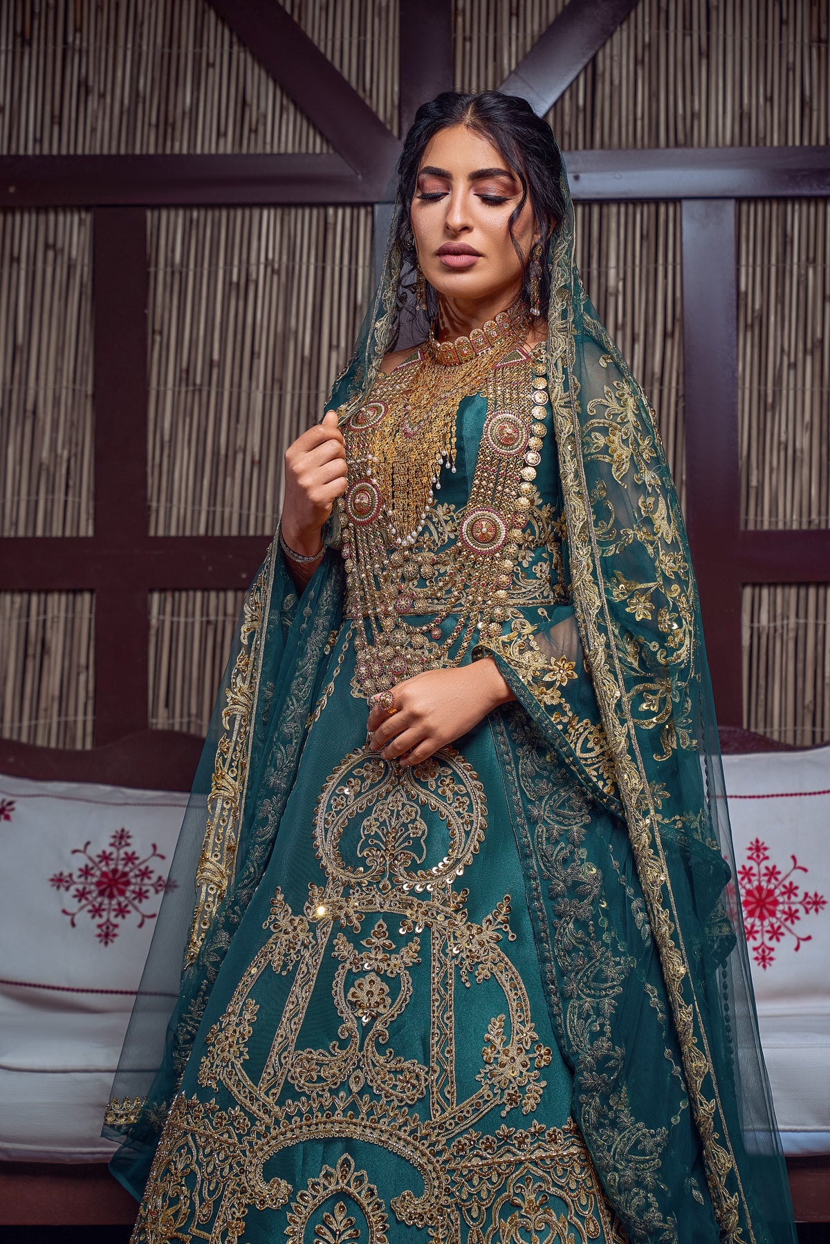Emerald & Gold Zardozi Embroidered Royal Henna Gown