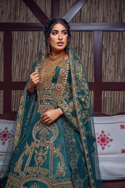 Emerald & Gold Zardozi Embroidered Royal Henna Gown