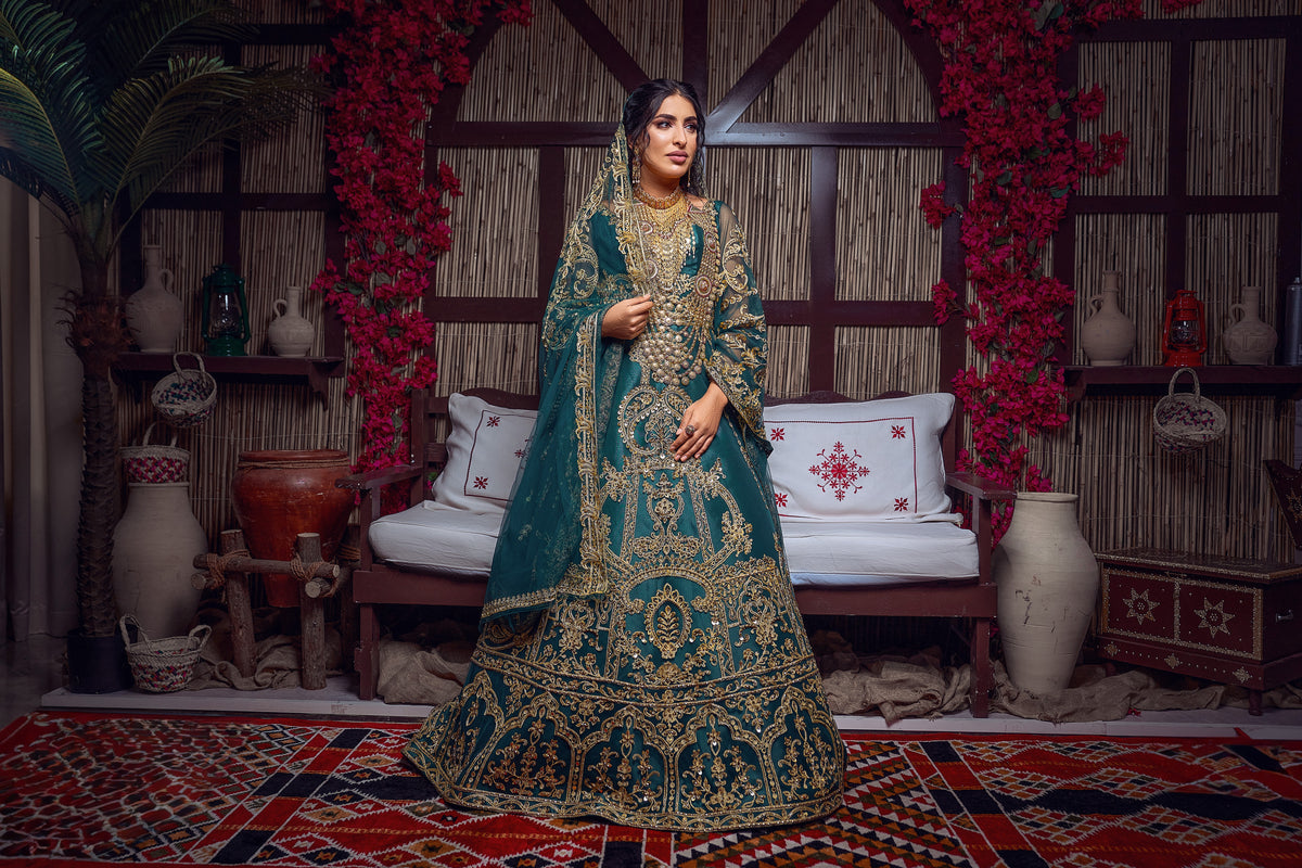 Emerald & Gold Zardozi Embroidered Royal Henna Gown