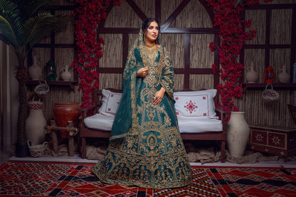 Emerald & Gold Zardozi Embroidered Royal Henna Gown