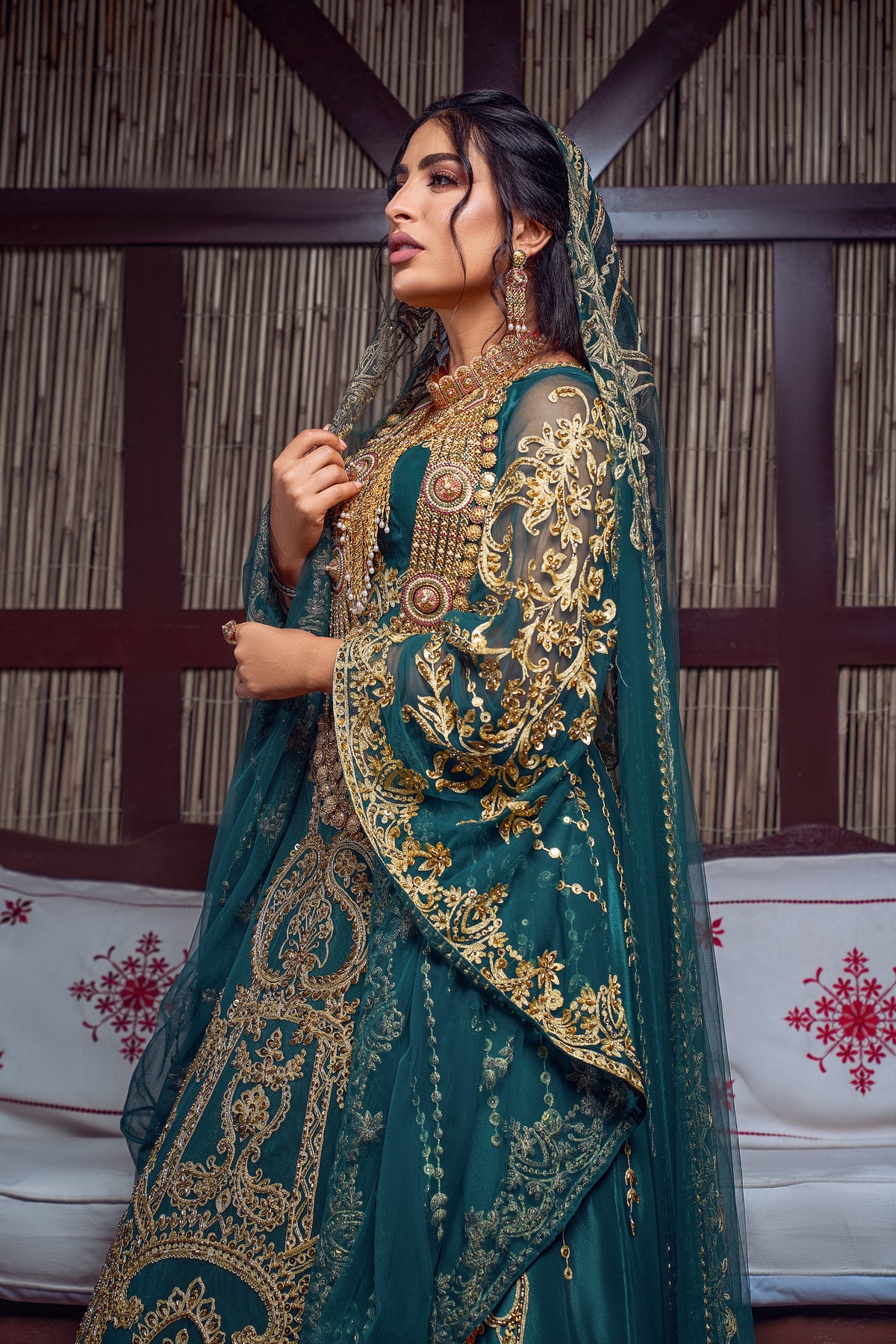 Emerald & Gold Zardozi Embroidered Royal Henna Gown