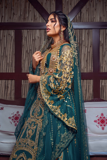 Emerald & Gold Zardozi Embroidered Royal Henna Gown