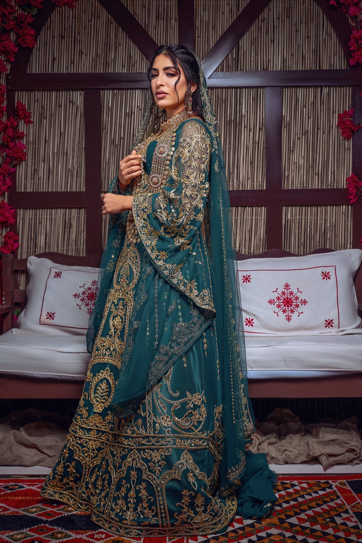 Emerald & Gold Zardozi Embroidered Royal Henna Gown