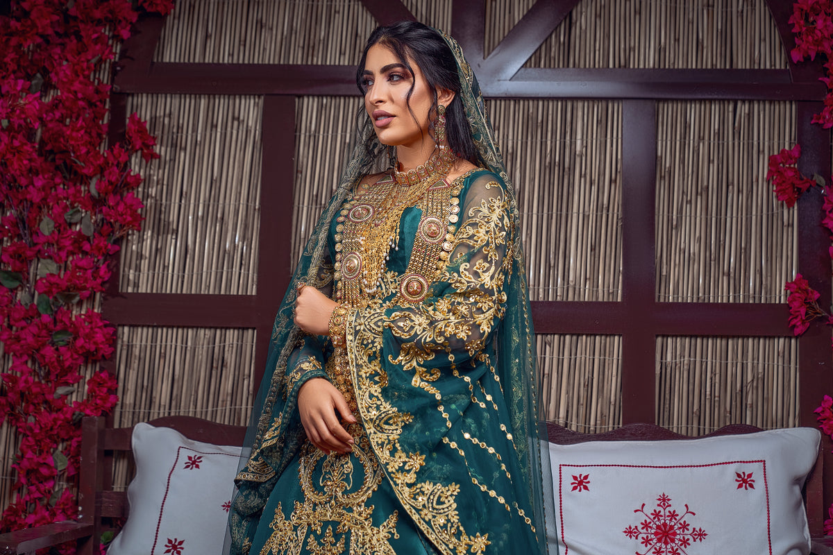Emerald & Gold Zardozi Embroidered Royal Henna Gown