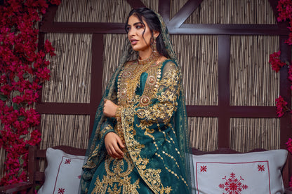 Emerald & Gold Zardozi Embroidered Royal Henna Gown