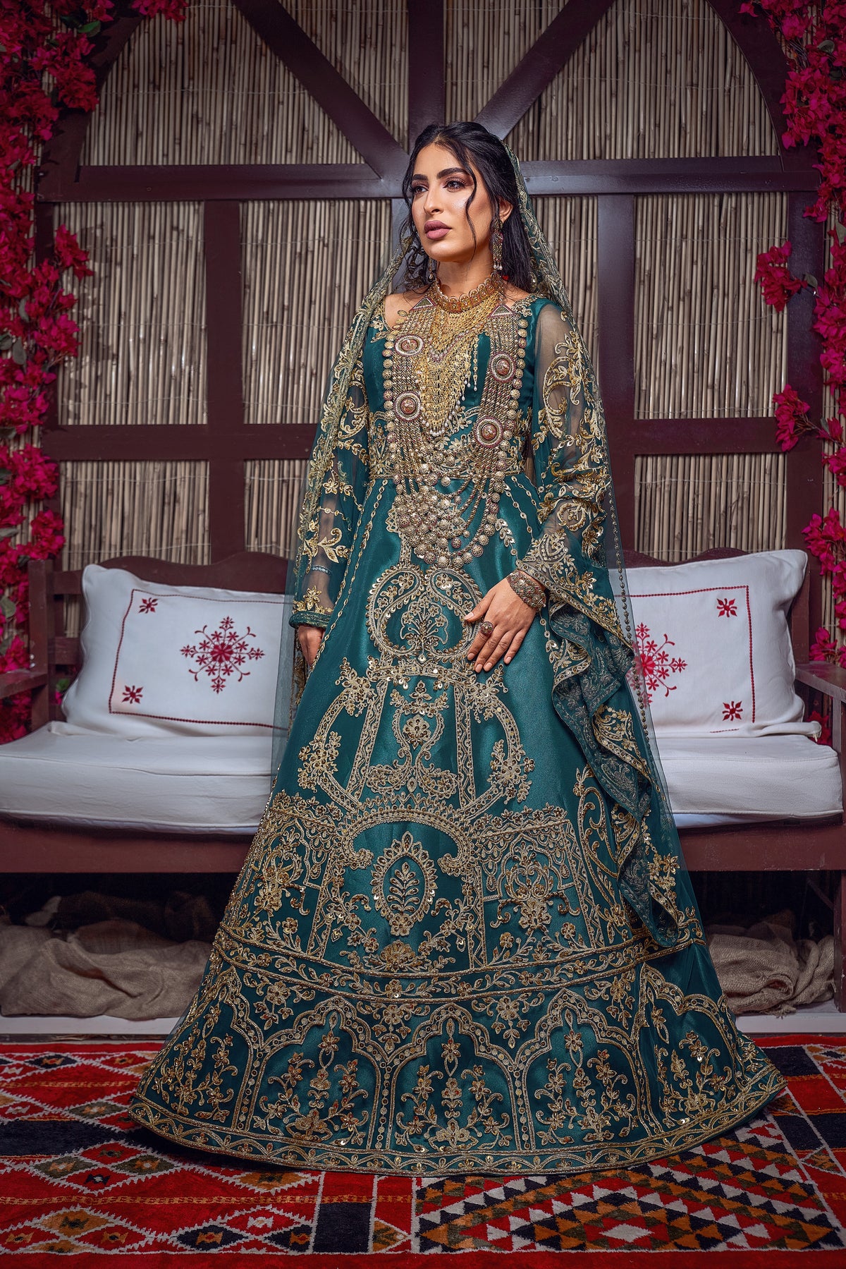 Emerald & Gold Zardozi Embroidered Royal Henna Gown