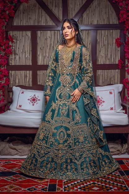 Emerald & Gold Zardozi Embroidered Royal Henna Gown