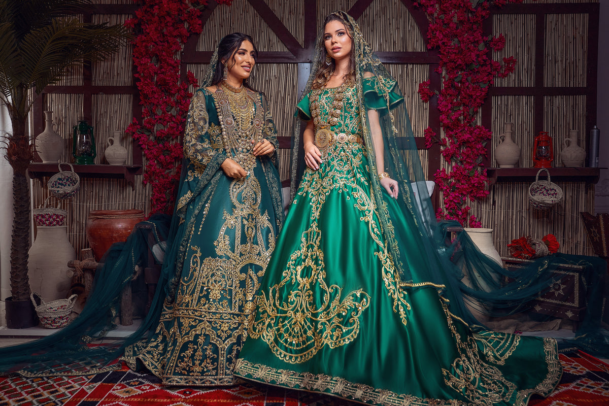 Emerald & Gold Off-the-Shoulder Royal Henna Gown