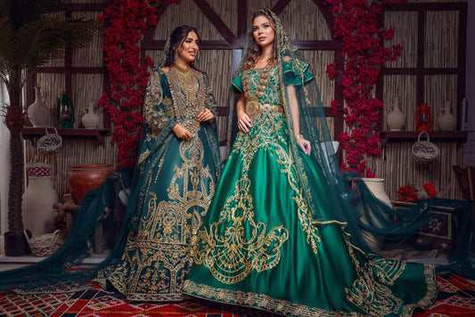 Emerald & Gold Off-the-Shoulder Royal Henna Gown