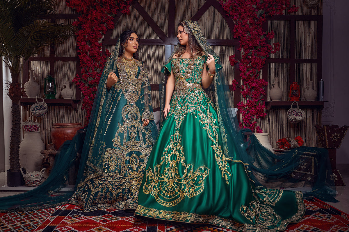 Emerald & Gold Off-the-Shoulder Royal Henna Gown