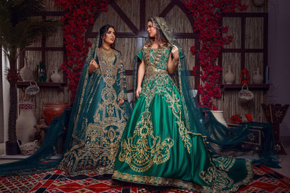 Emerald & Gold Off-the-Shoulder Royal Henna Gown