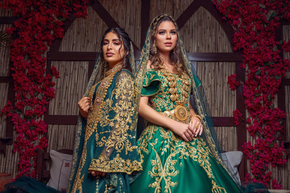 Emerald & Gold Off-the-Shoulder Royal Henna Gown