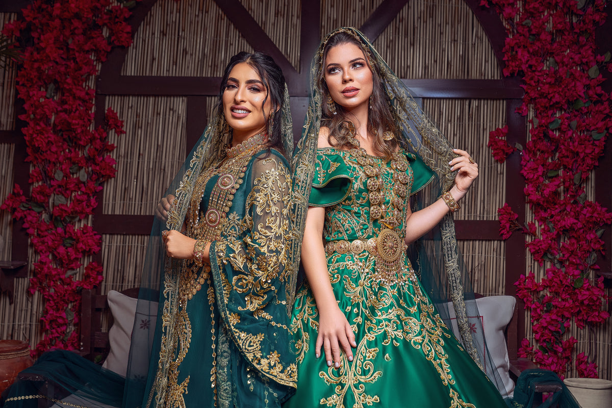 Emerald & Gold Off-the-Shoulder Royal Henna Gown