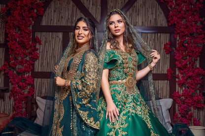 Emerald & Gold Off-the-Shoulder Royal Henna Gown