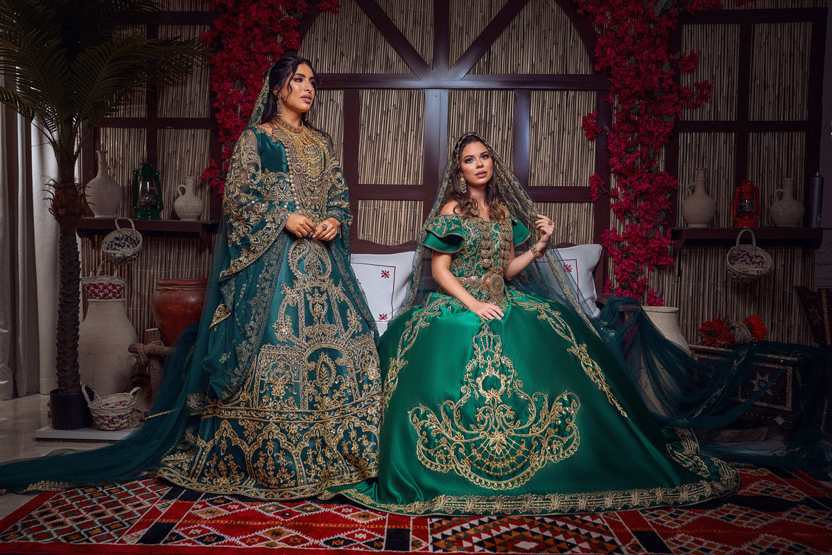 Emerald & Gold Off-the-Shoulder Royal Henna Gown