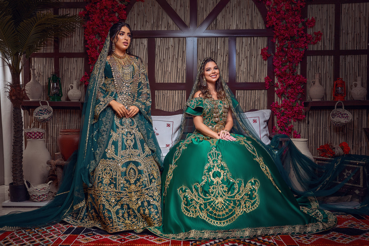 Emerald & Gold Off-the-Shoulder Royal Henna Gown