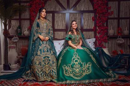 Emerald & Gold Off-the-Shoulder Royal Henna Gown