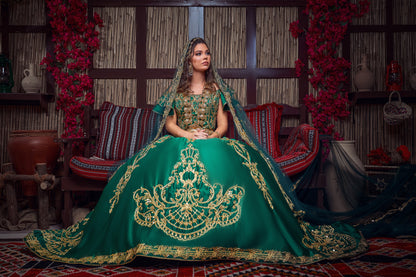 Emerald & Gold Off-the-Shoulder Royal Henna Gown