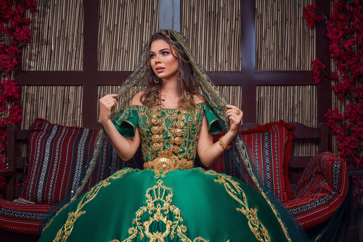 Emerald & Gold Off-the-Shoulder Royal Henna Gown