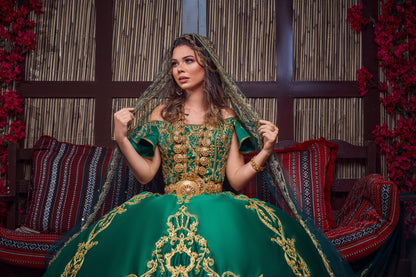 Emerald & Gold Off-the-Shoulder Royal Henna Gown