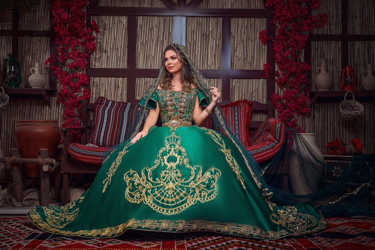 Emerald & Gold Off-the-Shoulder Royal Henna Gown