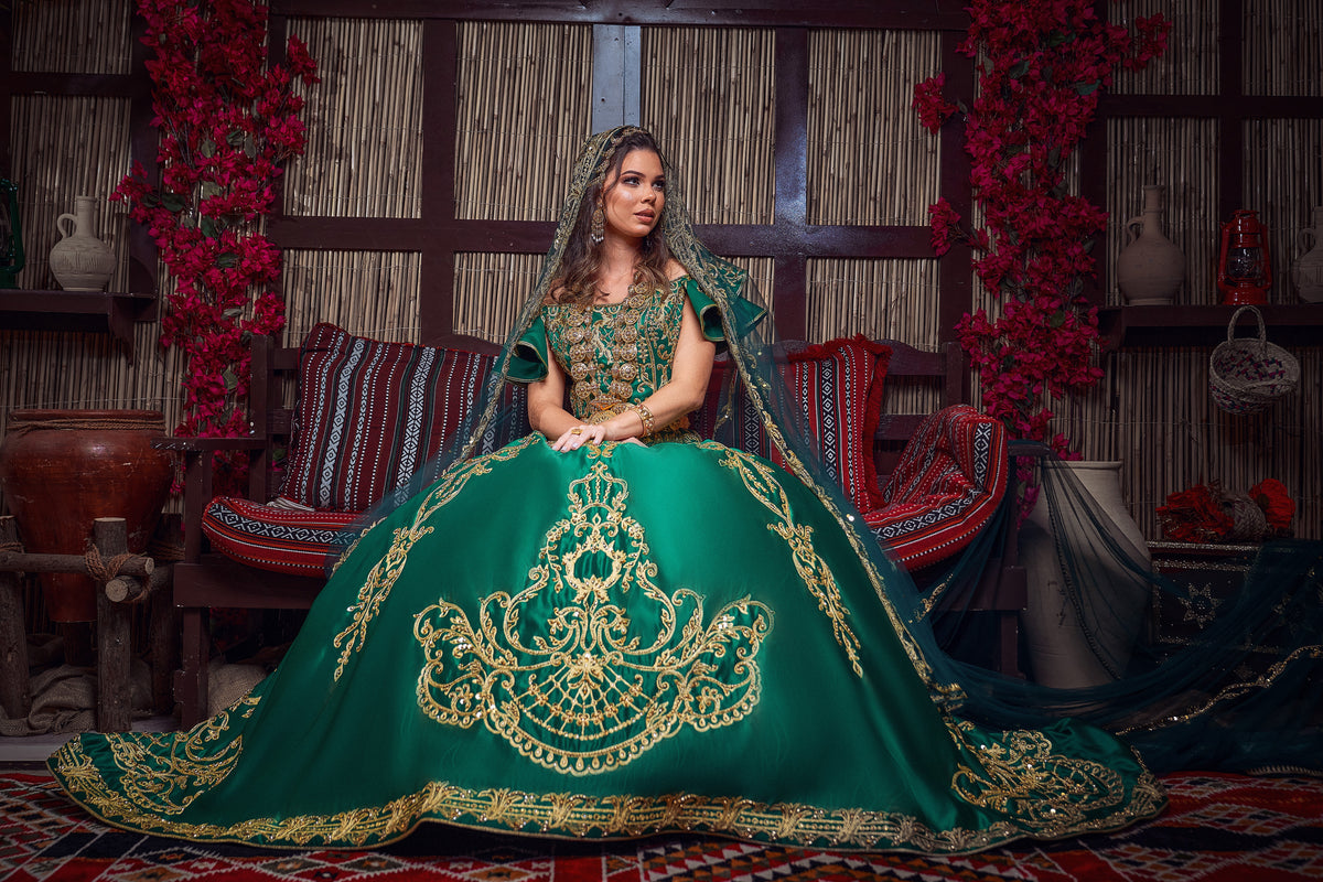Emerald & Gold Off-the-Shoulder Royal Henna Gown