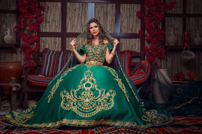Emerald & Gold Off-the-Shoulder Royal Henna Gown
