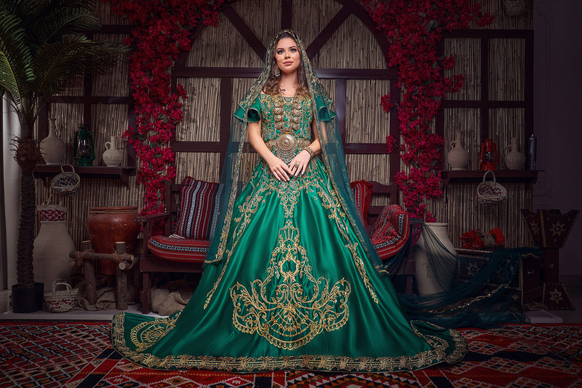 Emerald & Gold Off-the-Shoulder Royal Henna Gown