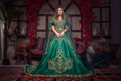 Emerald & Gold Off-the-Shoulder Royal Henna Gown