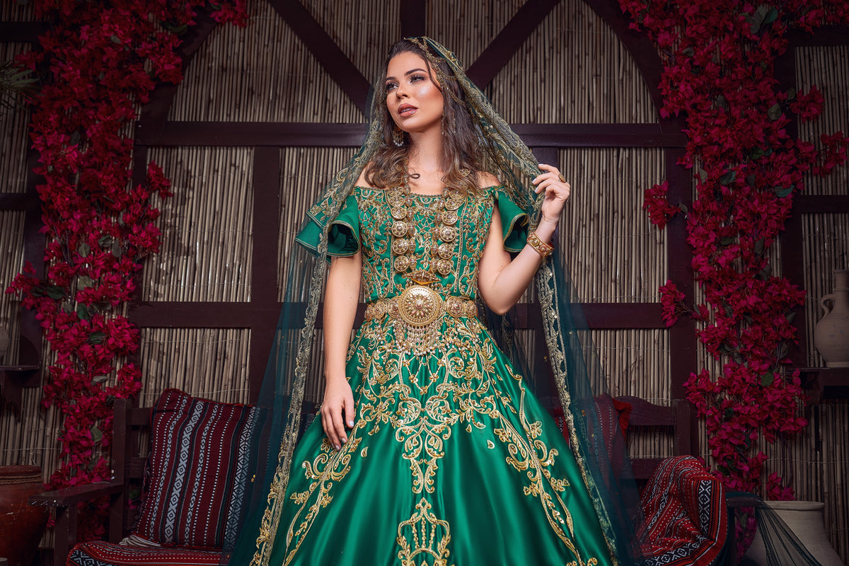 Emerald & Gold Off-the-Shoulder Royal Henna Gown