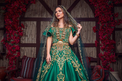 Emerald & Gold Off-the-Shoulder Royal Henna Gown
