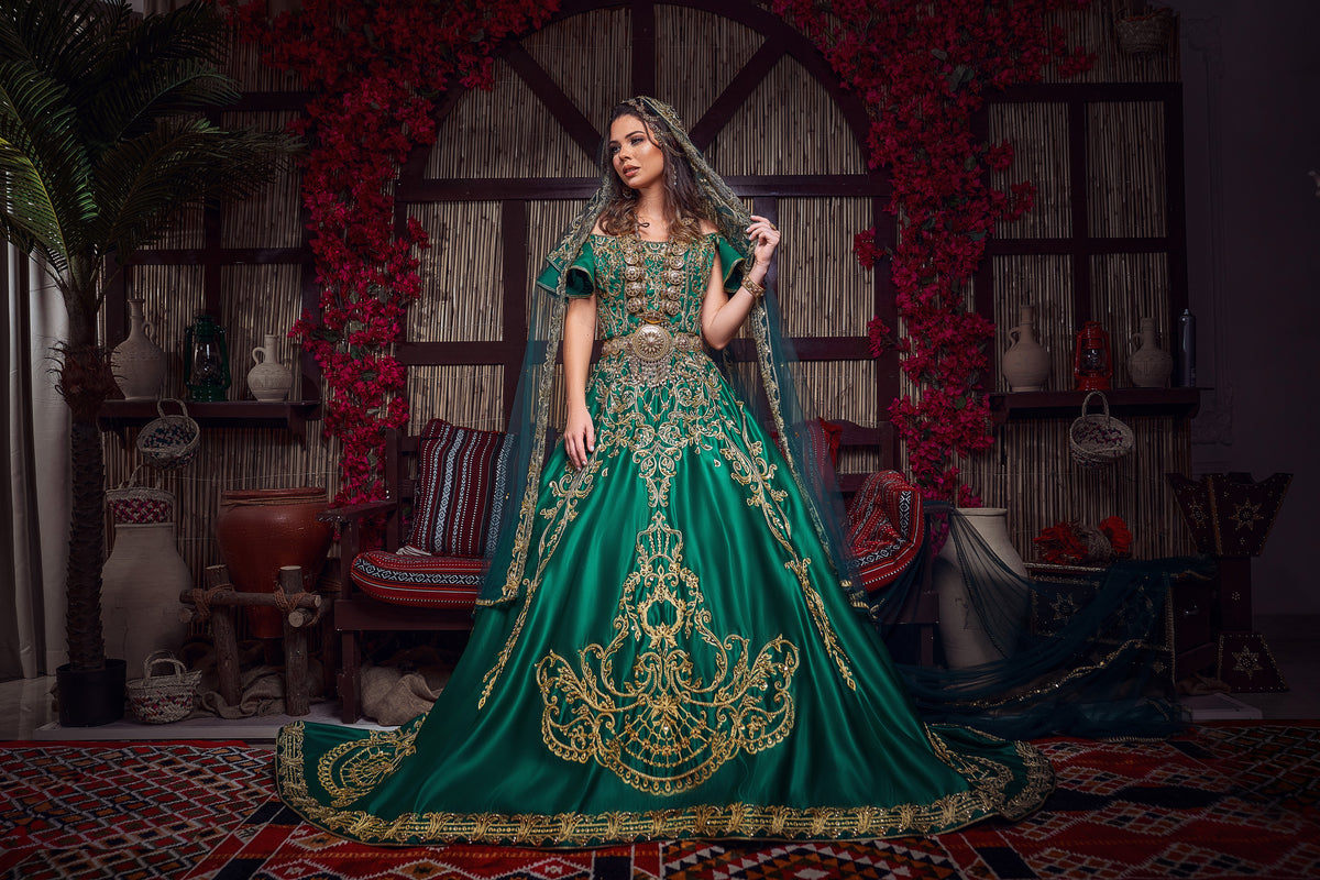Emerald & Gold Off-the-Shoulder Royal Henna Gown