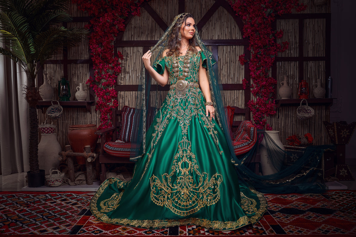 Emerald & Gold Off-the-Shoulder Royal Henna Gown