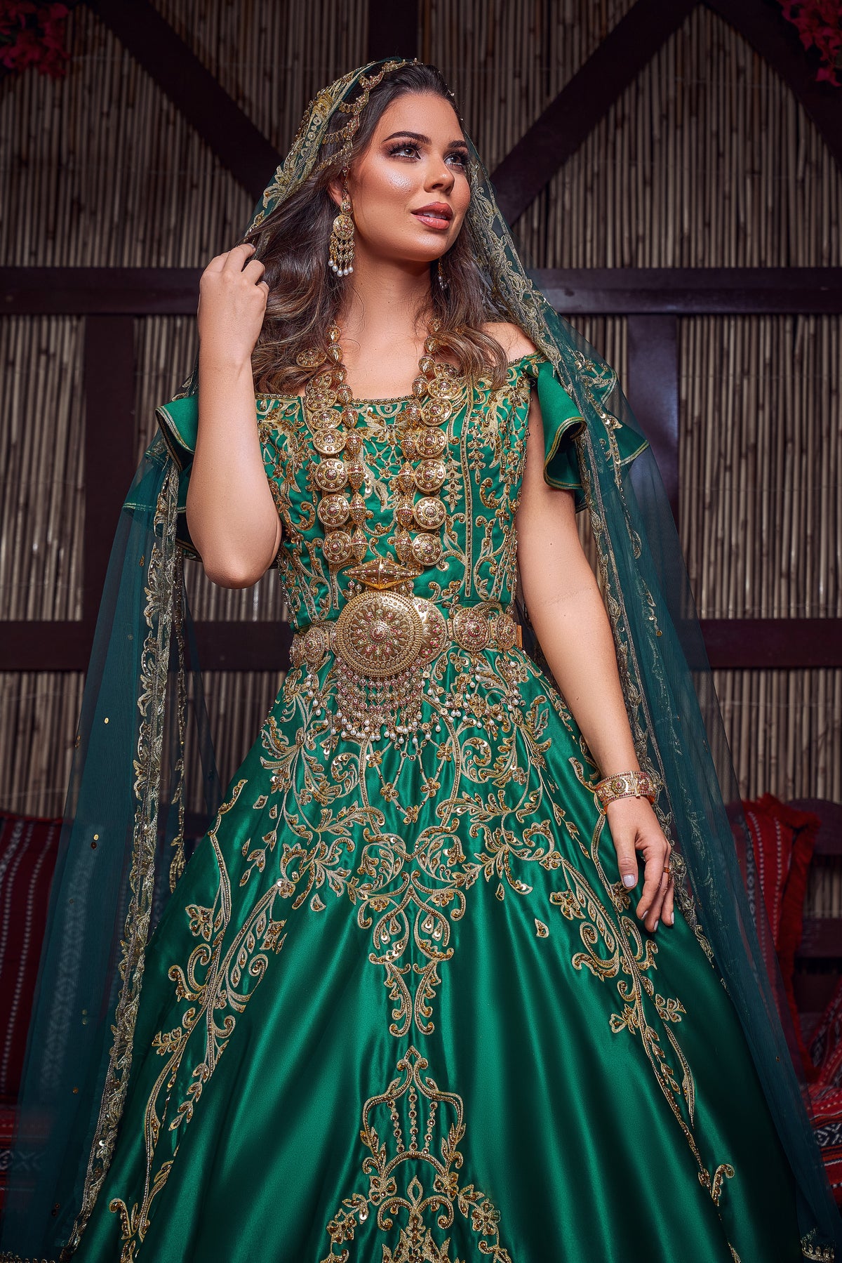 Emerald & Gold Off-the-Shoulder Royal Henna Gown