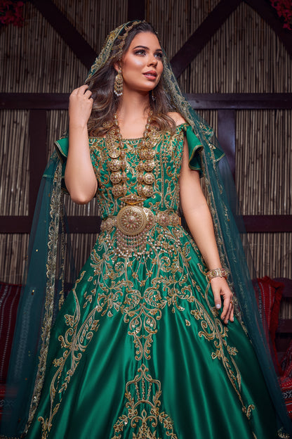 Emerald & Gold Off-the-Shoulder Royal Henna Gown