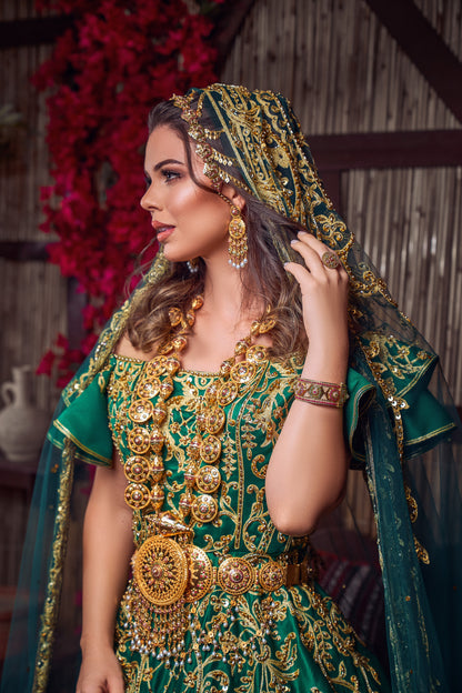 Emerald & Gold Off-the-Shoulder Royal Henna Gown