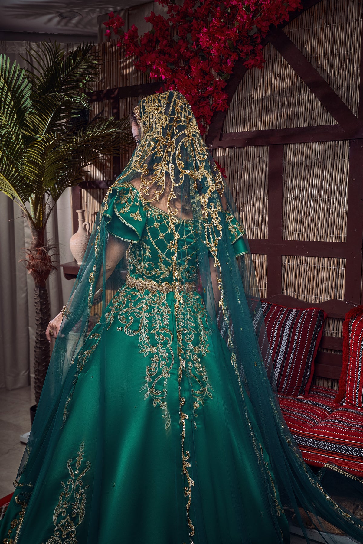 Emerald & Gold Off-the-Shoulder Royal Henna Gown