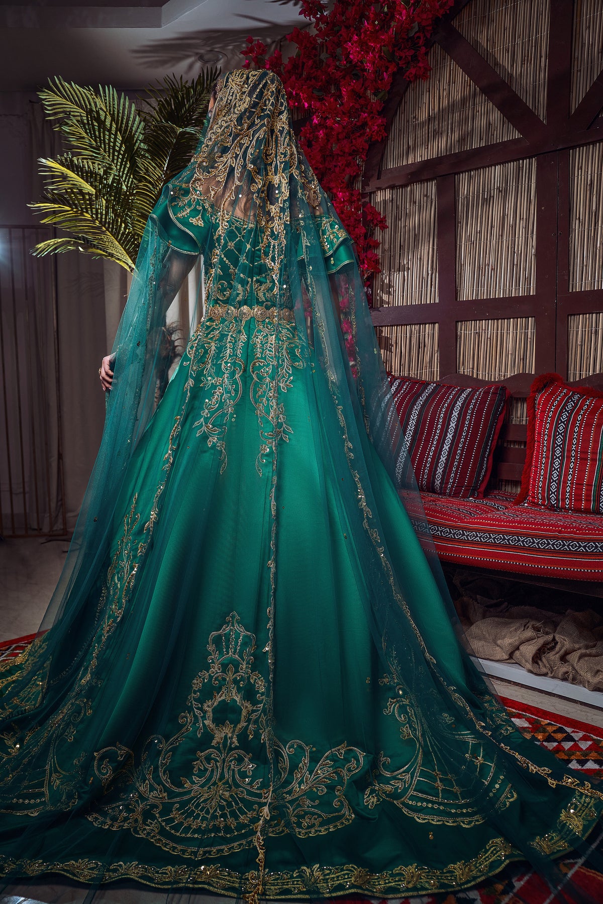 Emerald & Gold Off-the-Shoulder Royal Henna Gown