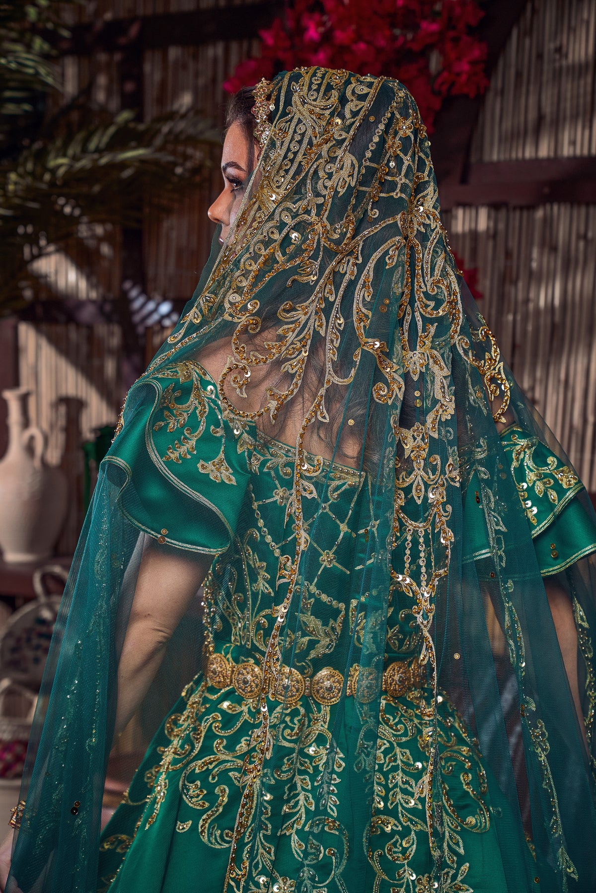 Emerald & Gold Off-the-Shoulder Royal Henna Gown