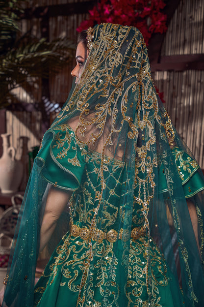 Emerald & Gold Off-the-Shoulder Royal Henna Gown