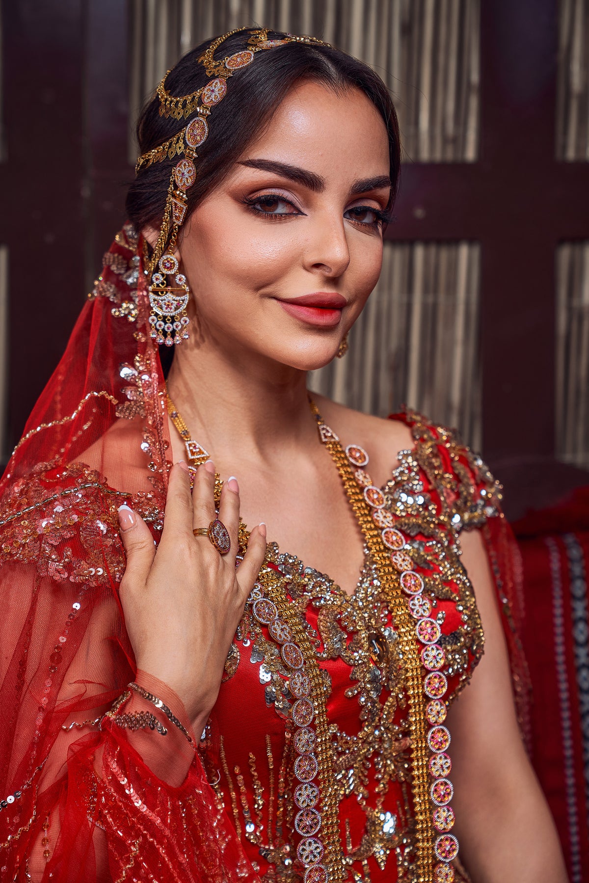 Crimson & Gold Crystal-Embellished Royal Henna Gown