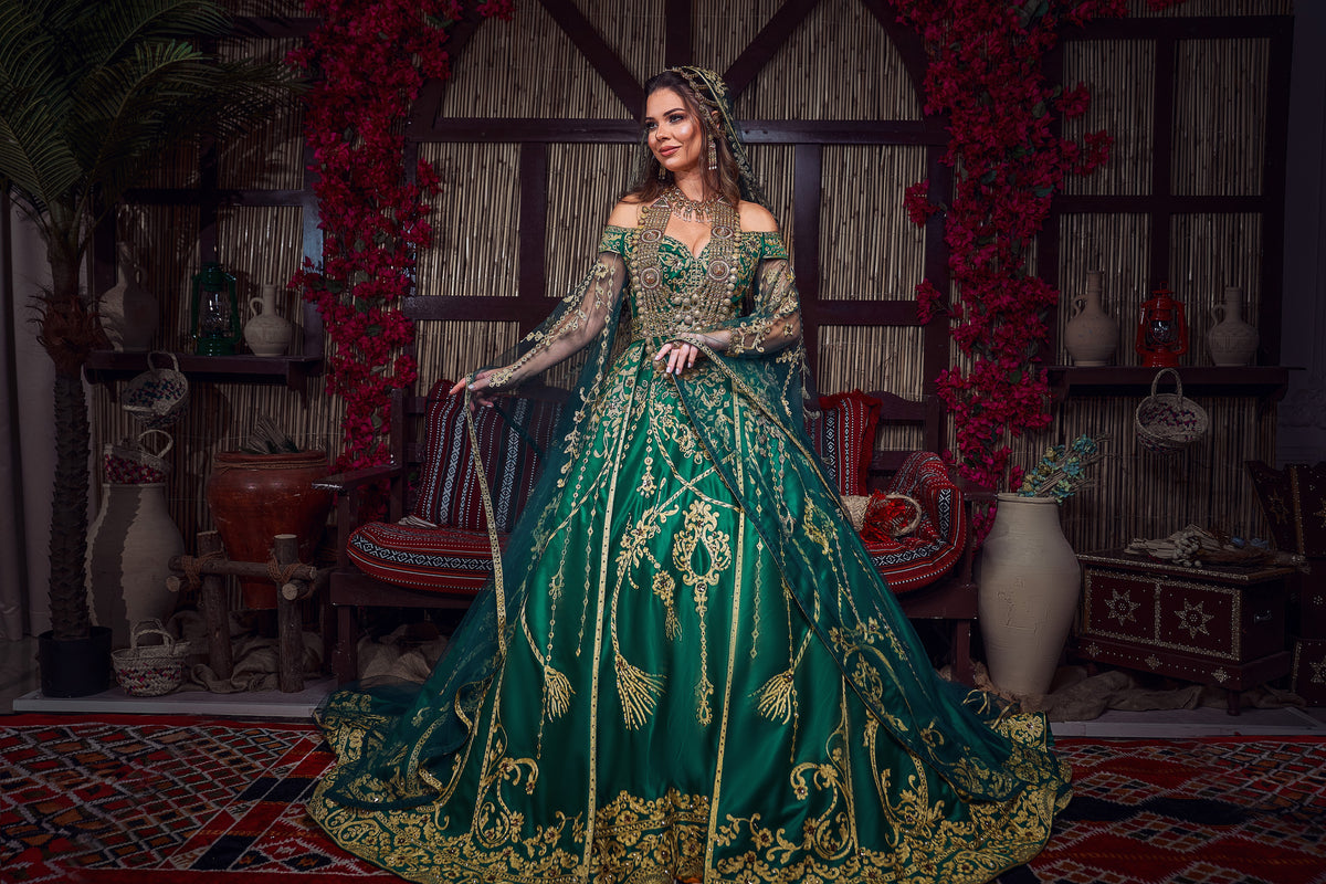 Emerald & Gold Off-the-Shoulder Tassel-Embroidered Henna Gown