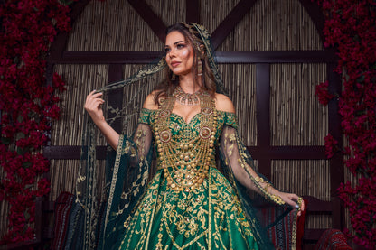Emerald & Gold Off-the-Shoulder Tassel-Embroidered Henna Gown