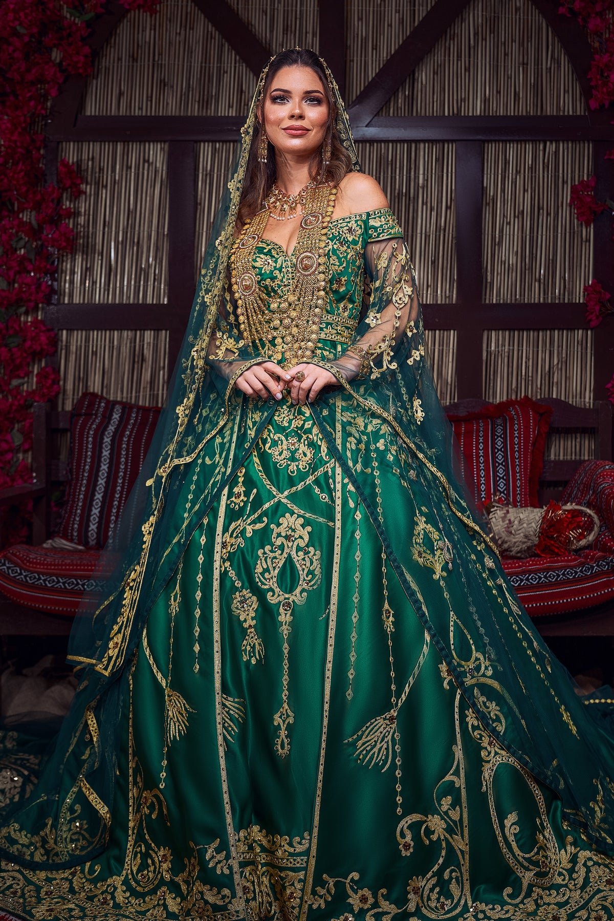Emerald & Gold Off-the-Shoulder Tassel-Embroidered Henna Gown
