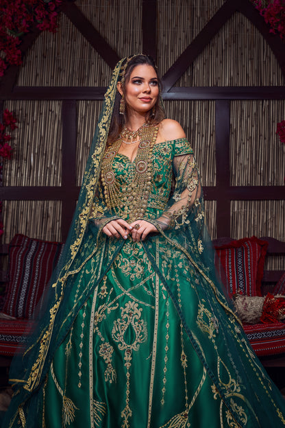 Emerald & Gold Off-the-Shoulder Tassel-Embroidered Henna Gown