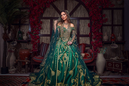 Emerald & Gold Off-the-Shoulder Tassel-Embroidered Henna Gown